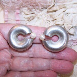 Designer Signed Sterling Silver Cultured Pearl Clip Earrings